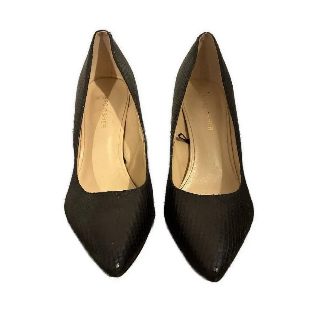 marc fisher Solid Black Darren Vegan Faux Snakeskin Pointed Toe Stilettos Pumps